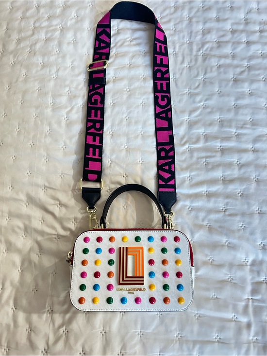 Karl Lagerfeld Handbags - Karl Lagerfeld White Multicolor Stud Mini Camera Bag satchel with Logo Strap